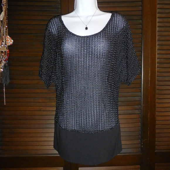 R. Marks Semi-Sheer Black & White Top, Stretchy, M - Picture 1 of 6